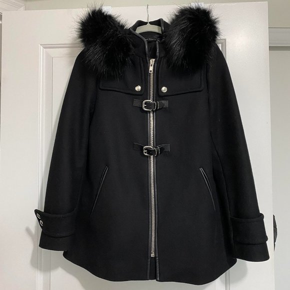 ZARA Black Coat with Black Faux Fur Hood Size M - Picture 2 of 9